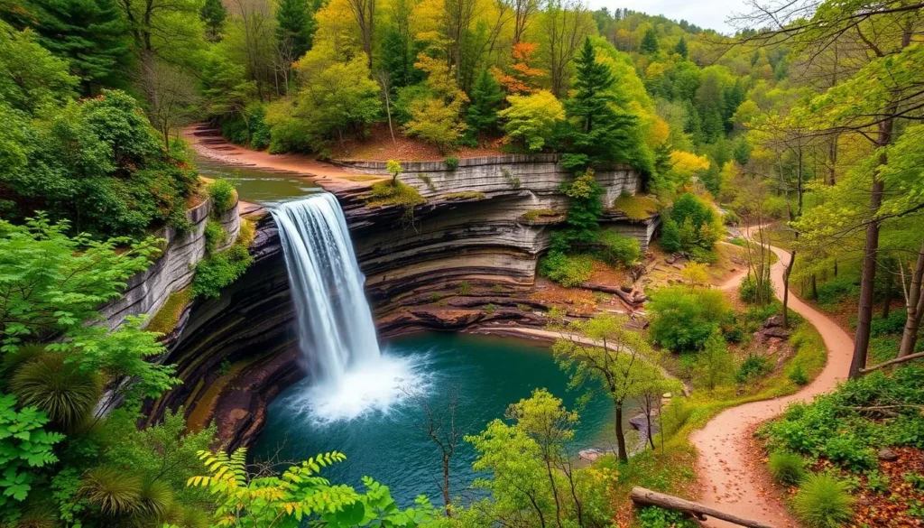 Image of Hocking Hills State Park with a dramatic waterfall and hiking trail