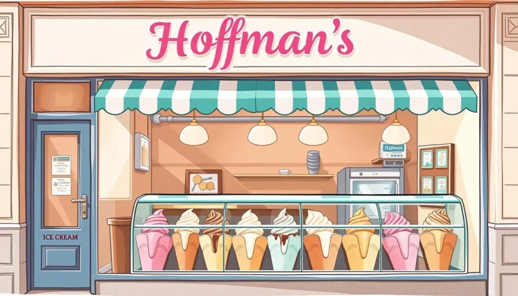 Image of Hoffman's Ice Cream shop front with a variety of ice cream flavors displayed