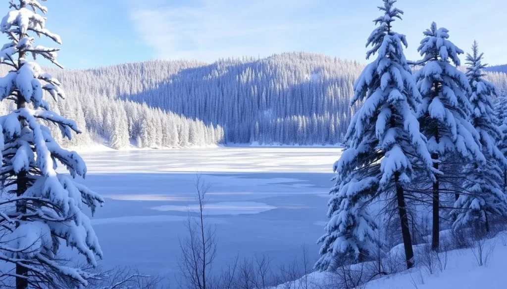 Image of Huntington Lake in winter with snow-covered trees and a frozen lake