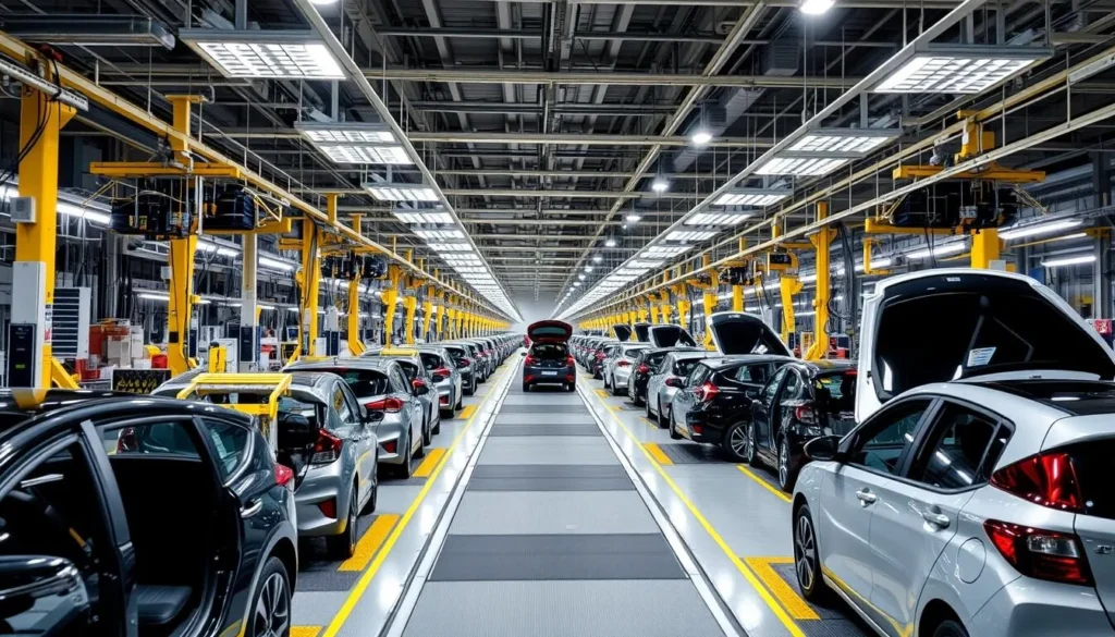 Image of Hyundai Motors Ulsan Plant's vast manufacturing floor with numerous cars being assembled.