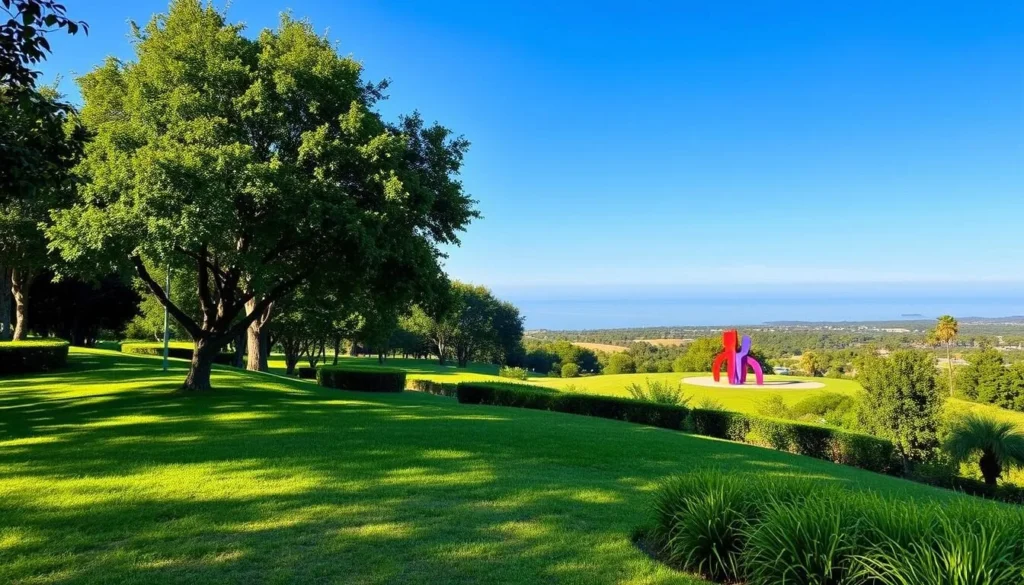 Image of Isla Teja's serene landscape with the sculpture park in the foreground