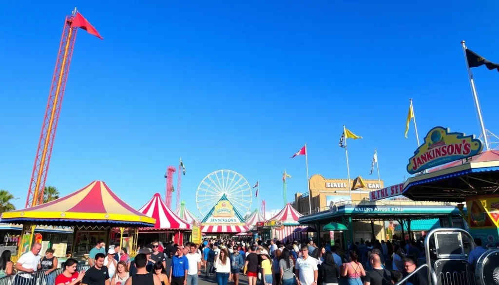 Image of Jenkinson's Amusement Park with various rides and attractions