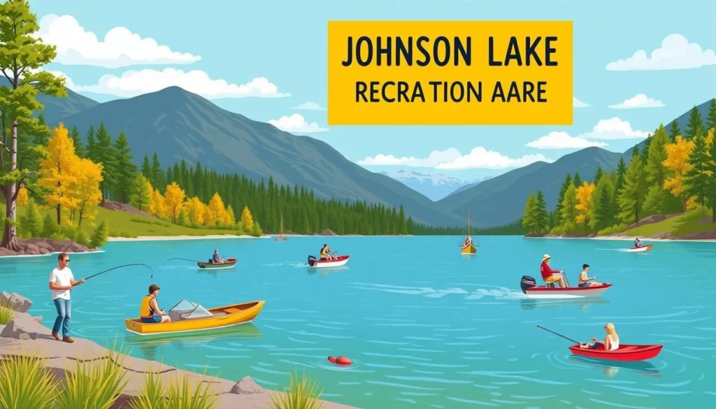 Image of Johnson Lake Recreation Area showing people engaging in water activities like fishing and boating.