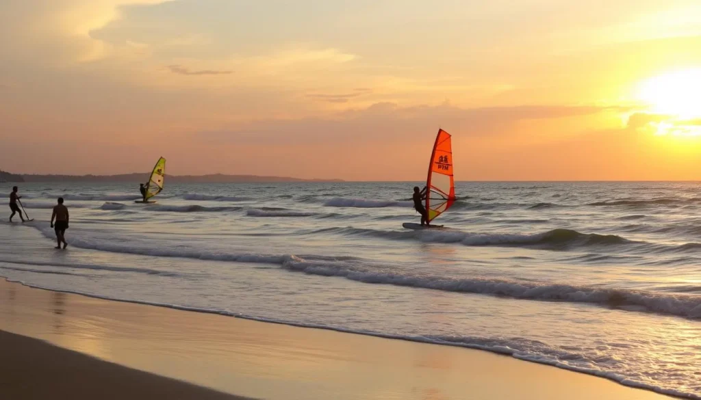 Image of Jomtien Beach with people windsurfing and enjoying the sunset
