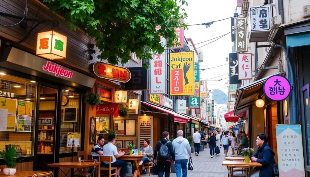 Image of Jukjeon Cafe Street in Yongin, South Korea, with various cafes and shops.