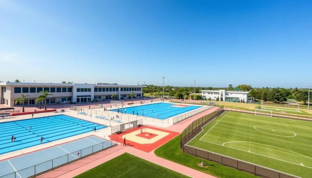Image of Juventud2000 Sports Center with swimming pools, basketball courts, and soccer fields