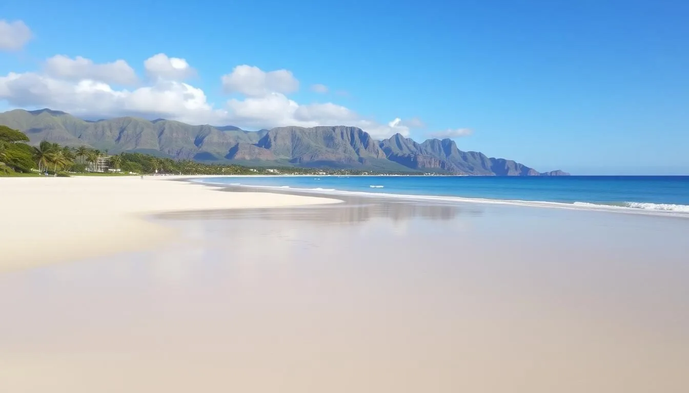 Image of Kaimana Beach with calm waters and a wide stretch of sand