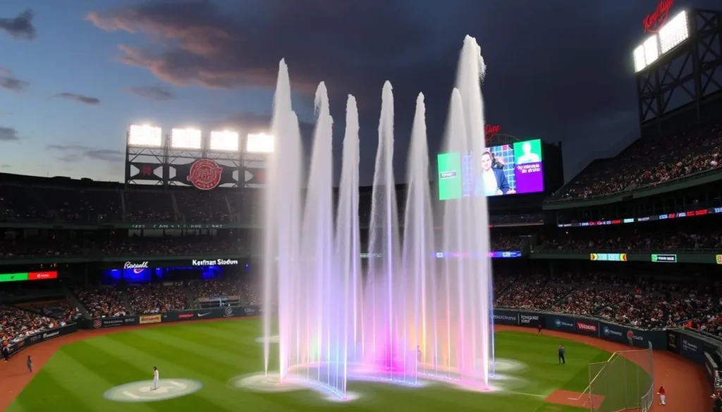 Image of Kauffman Stadium's Water Spectacular during a game