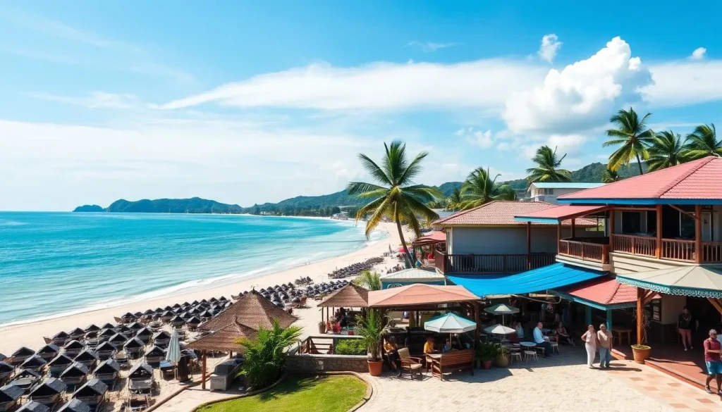 Image of Kep Beach with beachside resorts and shops