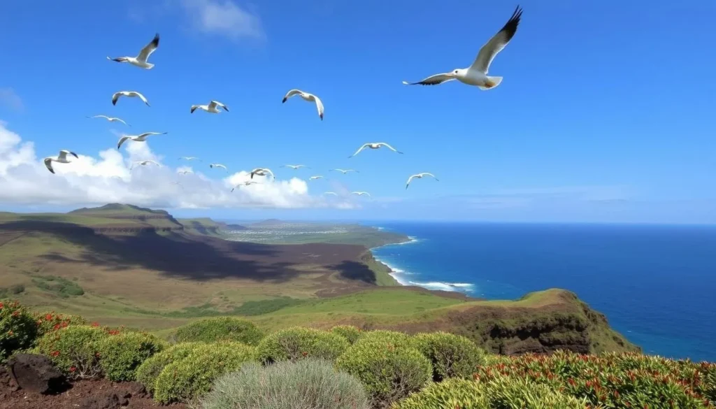 Image of Kilauea Point National Wildlife Refuge with seabirds flying overhead