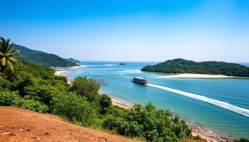 Image of Koh Trong Island with a ferry approaching the shore