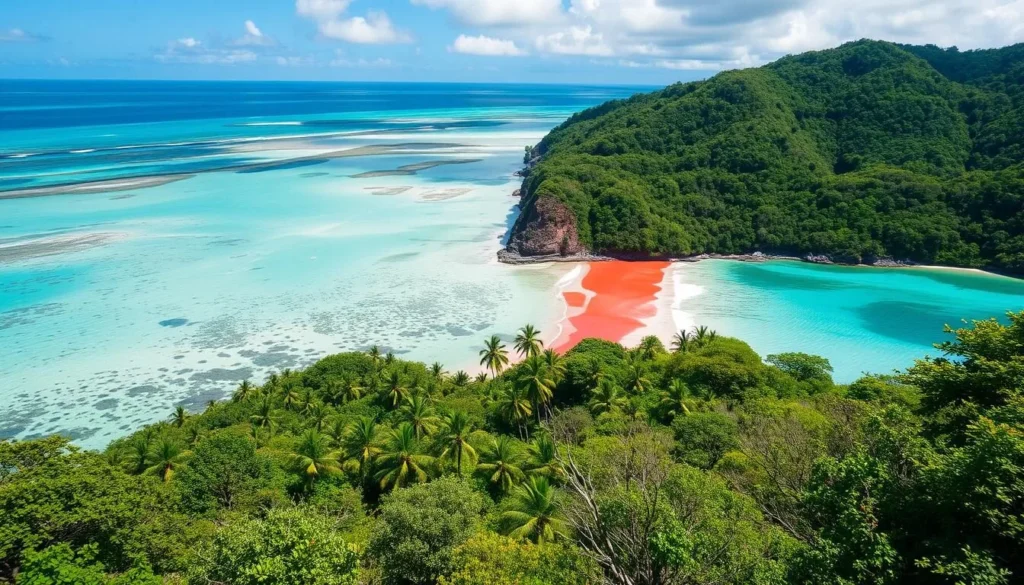 Image of Koki Beach's red sand landscape with crystal-clear waters and lush greenery