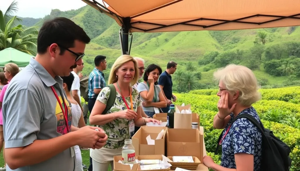 Image of Kona Coffee Cultural Festival attendees enjoying coffee tastings and farm tours