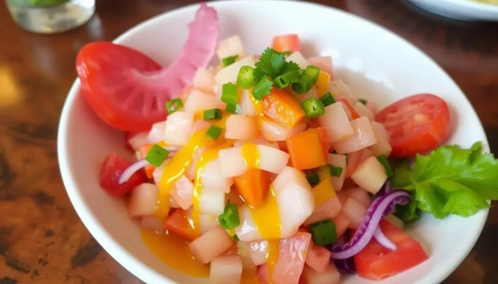 Image of La Cevicheria's ceviche de la casa with a ginger dressing