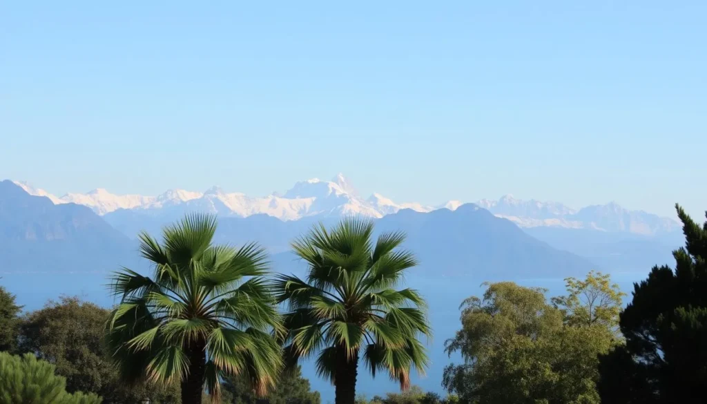 Image of Lago Maggiore with palm trees and snow-capped mountains