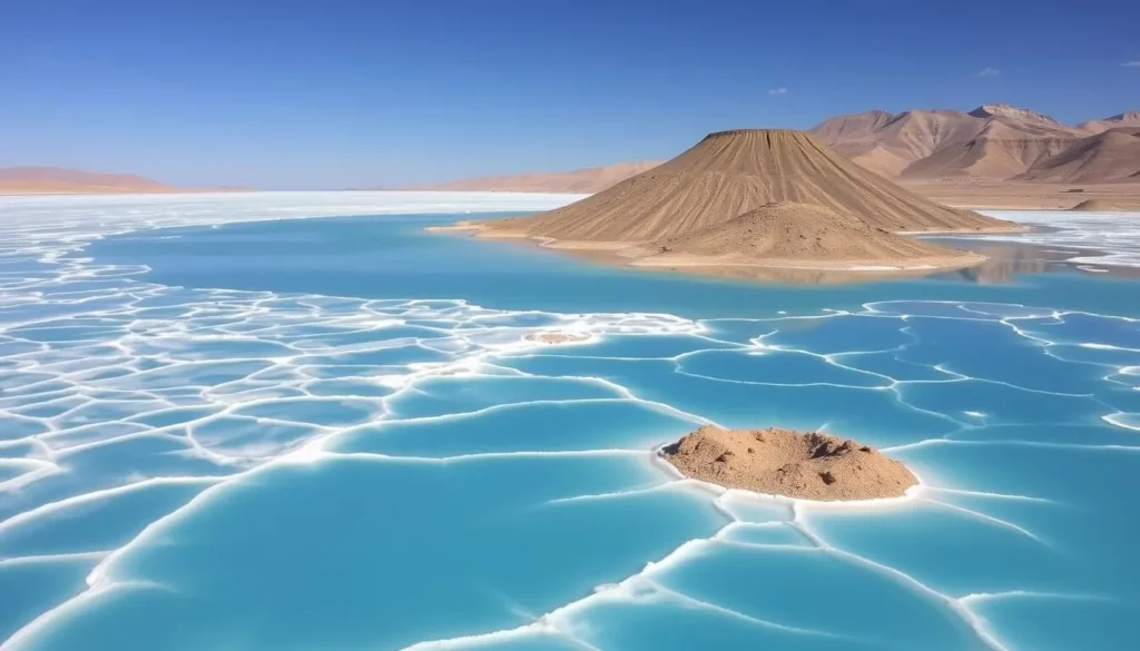 Image of Lake Assal with hypersaline waters and surrounding salt crystals and volcanic craters