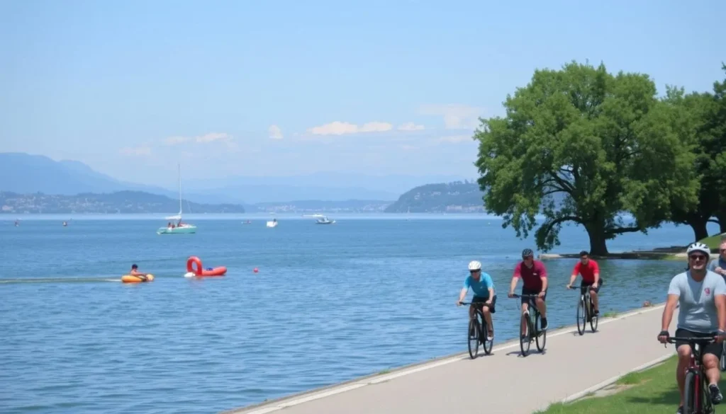 Image of Lake Constance with cyclists and water sports