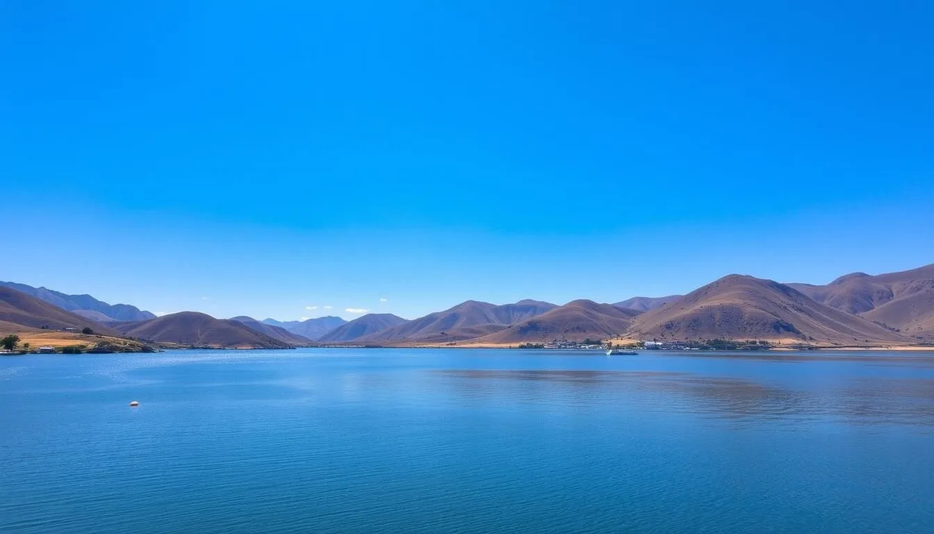 Image of Lake Elsinore's serene landscape with surrounding hills and clear blue sky