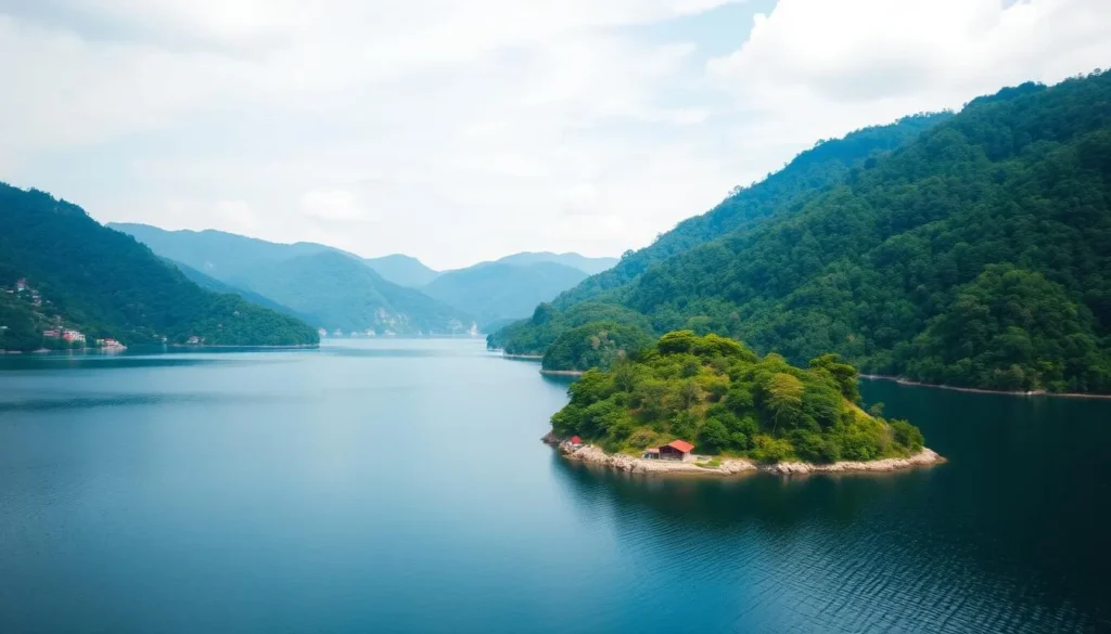 Image of Lake Kossou with forested hills and a serene atmosphere