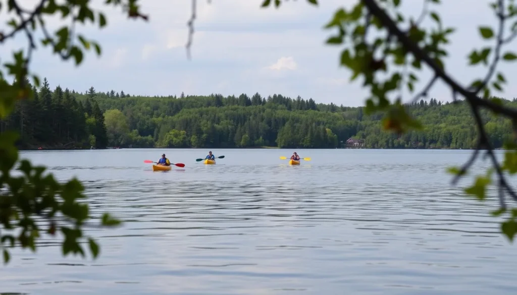Image of Lake Massabesic with kayakers and surrounding forested shoreline