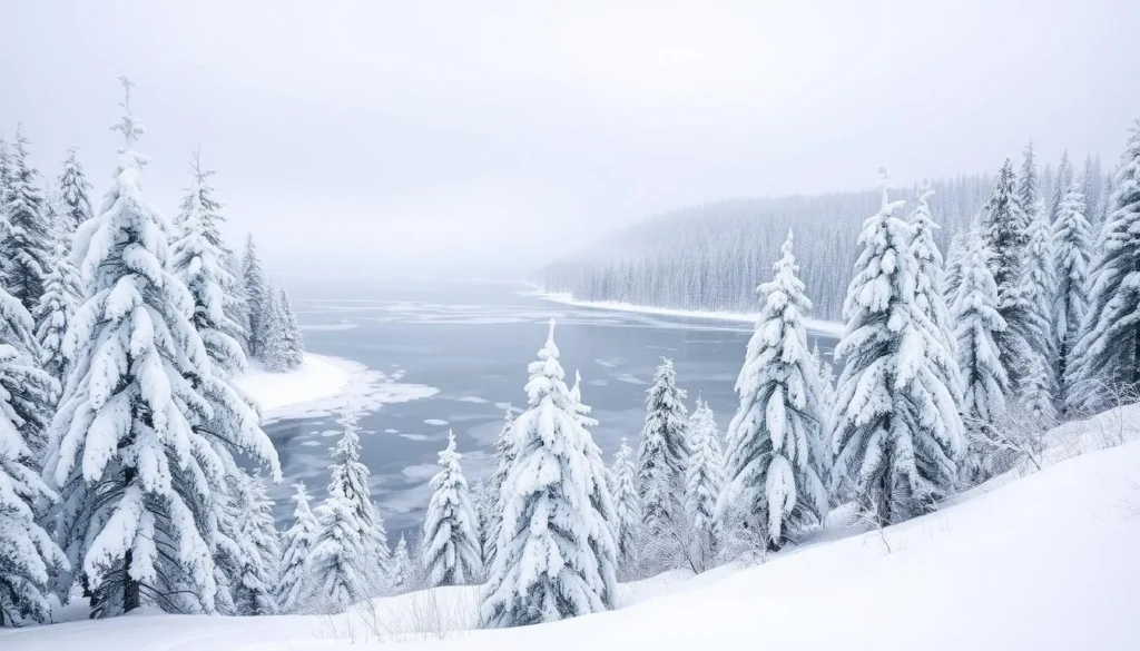Image of Lake McDonald in winter with snow-covered trees and a frozen lake