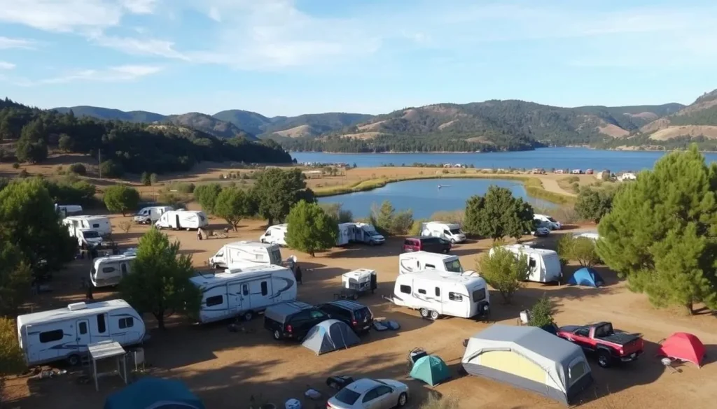 Image of Lake Nacimiento campgrounds with various RVs and tents