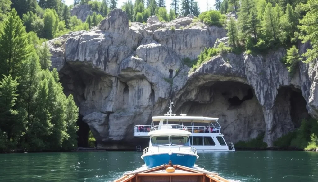Image of Lake Shasta Caverns entrance with a boat ready to take visitors on a tour