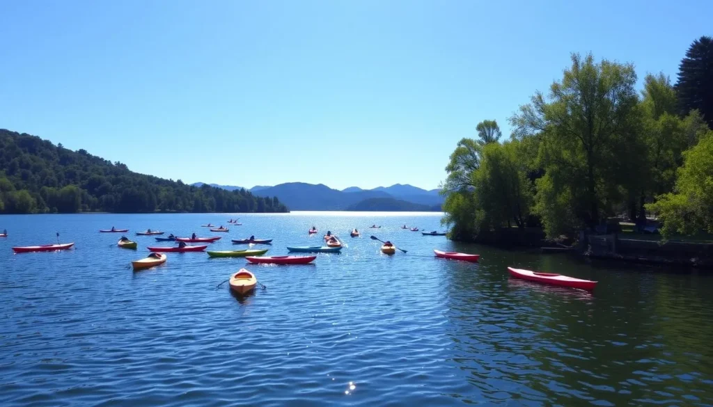 Image of Lake Silverado with kayaks and paddleboards on the water