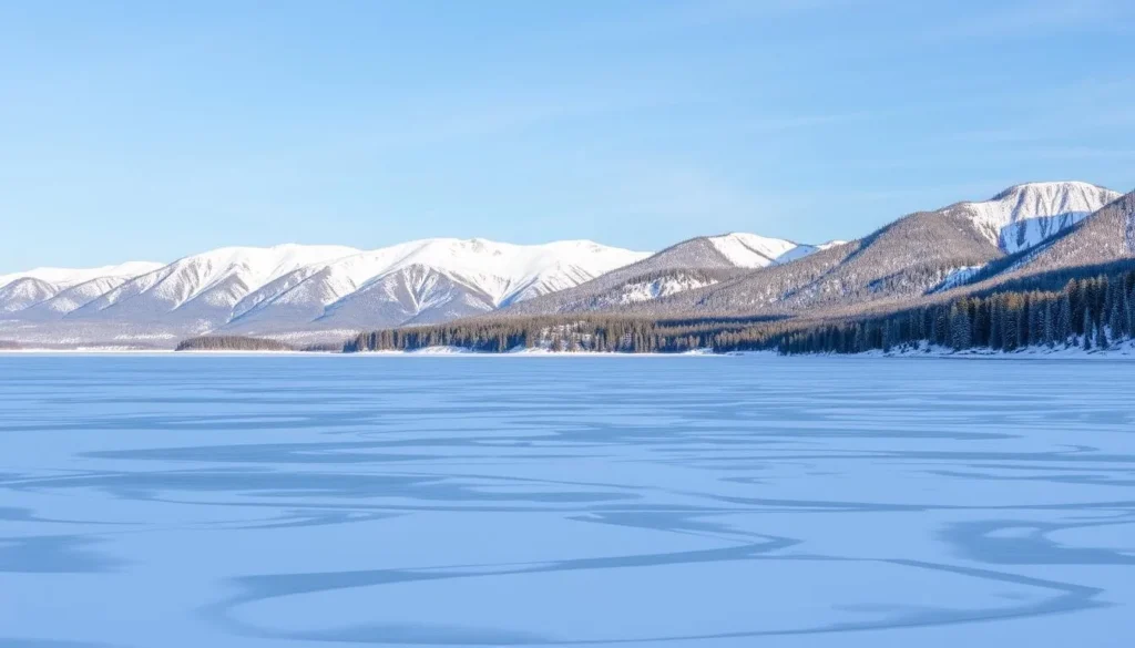 Image of Lake Tahoe during winter with snow-covered mountains and a frozen lake surface.