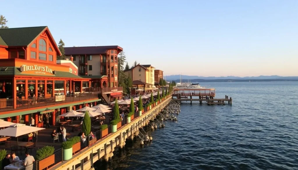 Image of Lake Tahoe's scenic waterfront with dining and entertainment venues