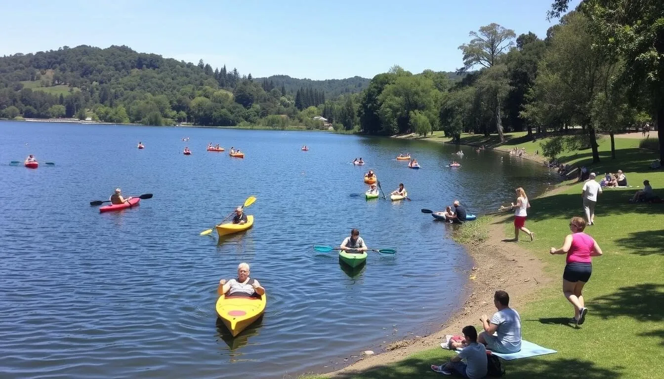 Image of Lake Temescal with people enjoying various activities around it.
