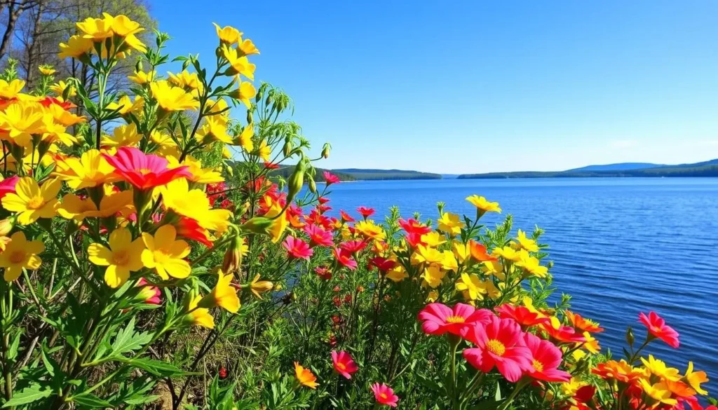 Image of Lake Wallenpaupack in spring with blooming flowers and clear skies