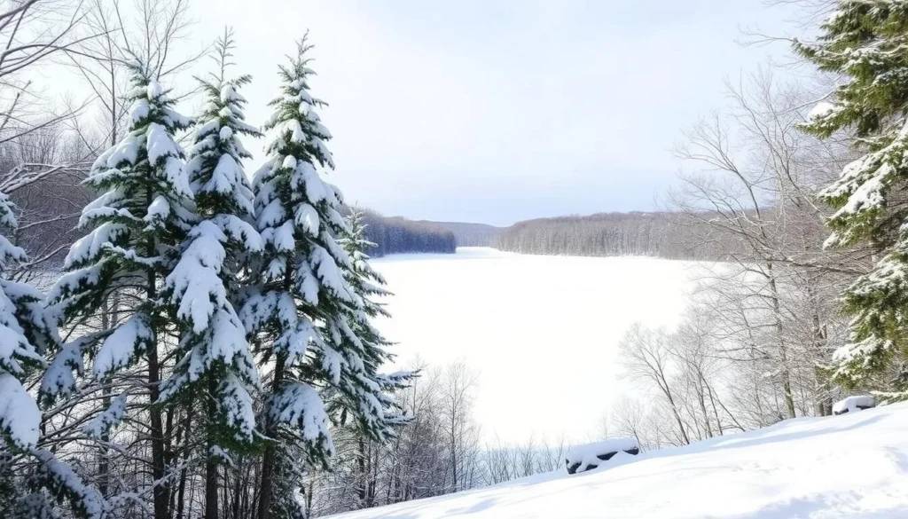 Image of Lake Wallenpaupack in winter with snow-covered trees and frozen lake