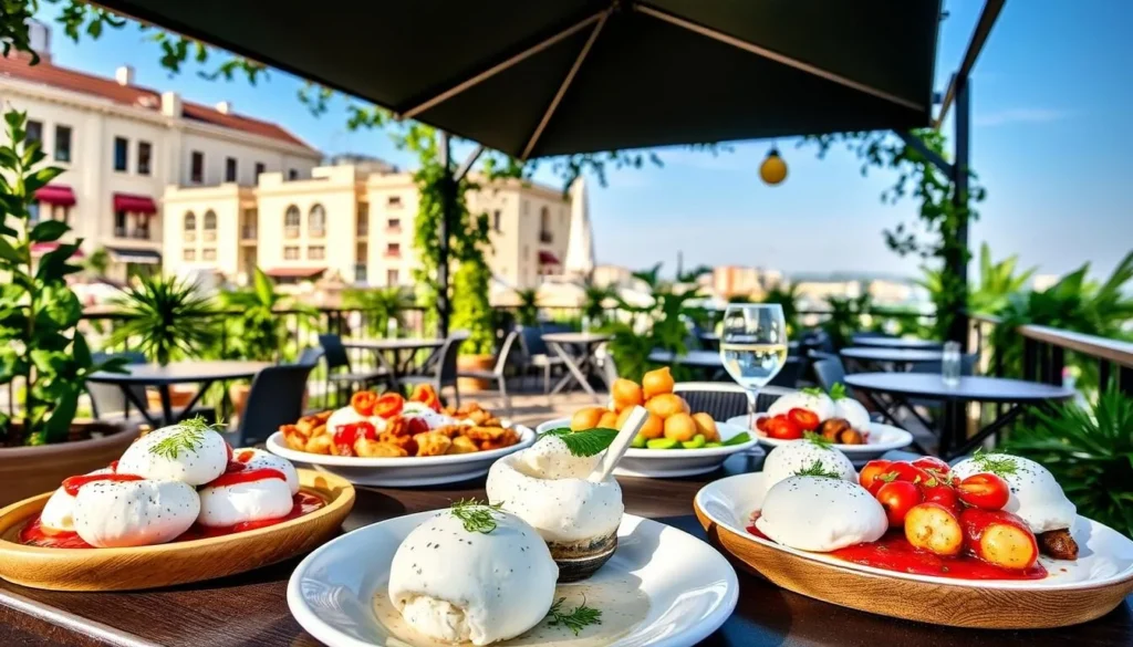 Image of Latteria Mozzarella Bar's al fresco terrace with a variety of mozzarella dishes