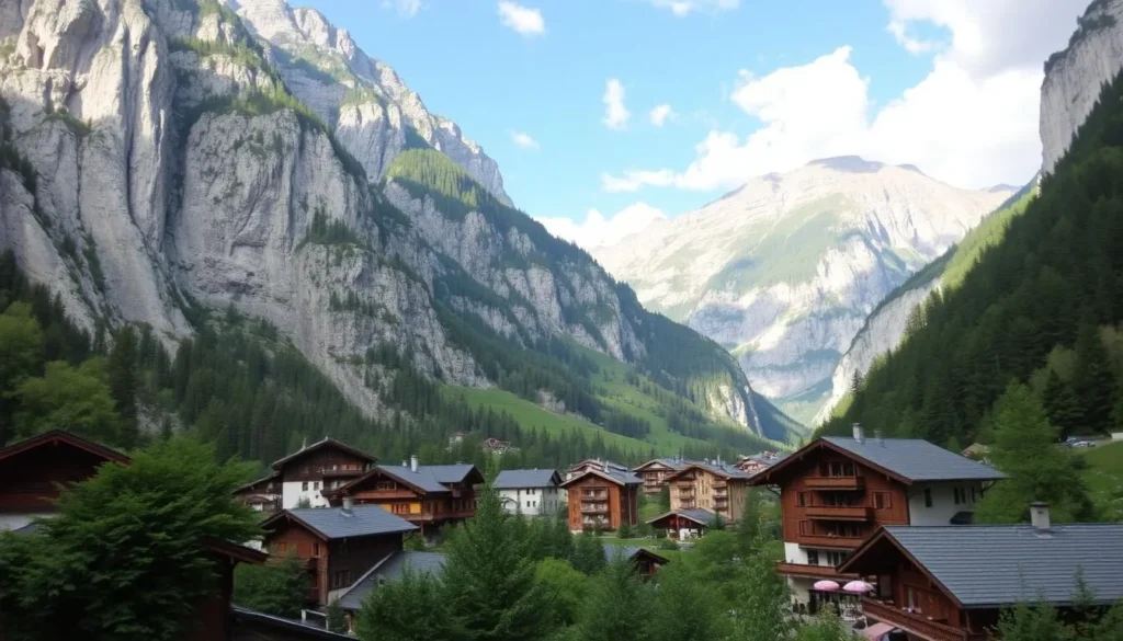 Image of Lauterbrunnen Valley with its traditional wooden chalets and towering cliff faces