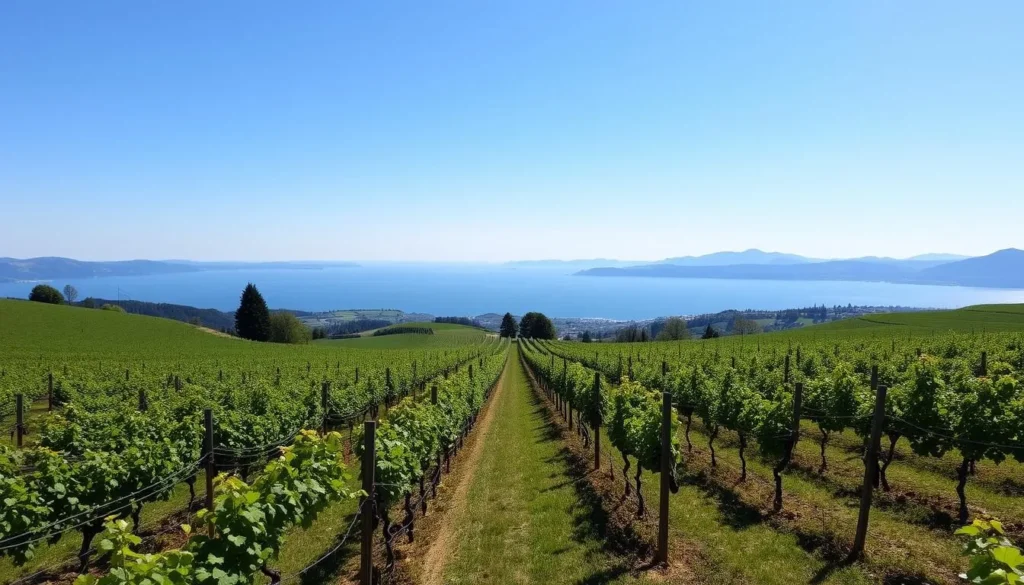 Image of Lavaux vineyards with Lake Geneva in the background
