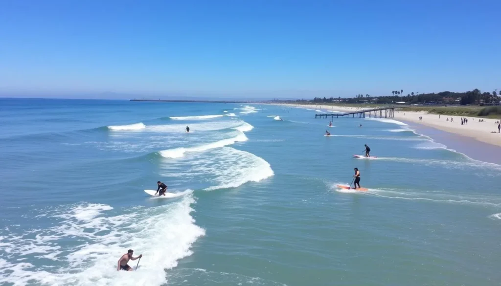 Image of Leadbetter Beach Santa Barbara with surfers and paddleboarders
