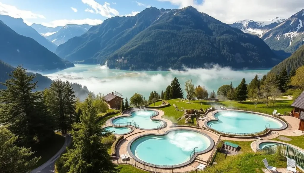 Image of Leukerbad thermal baths surrounded by mountains