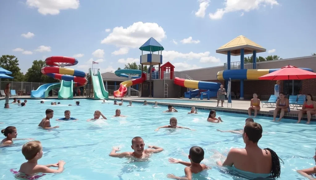 Image of Lexington Family Aquatic Center with families enjoying the water slides and pool area.