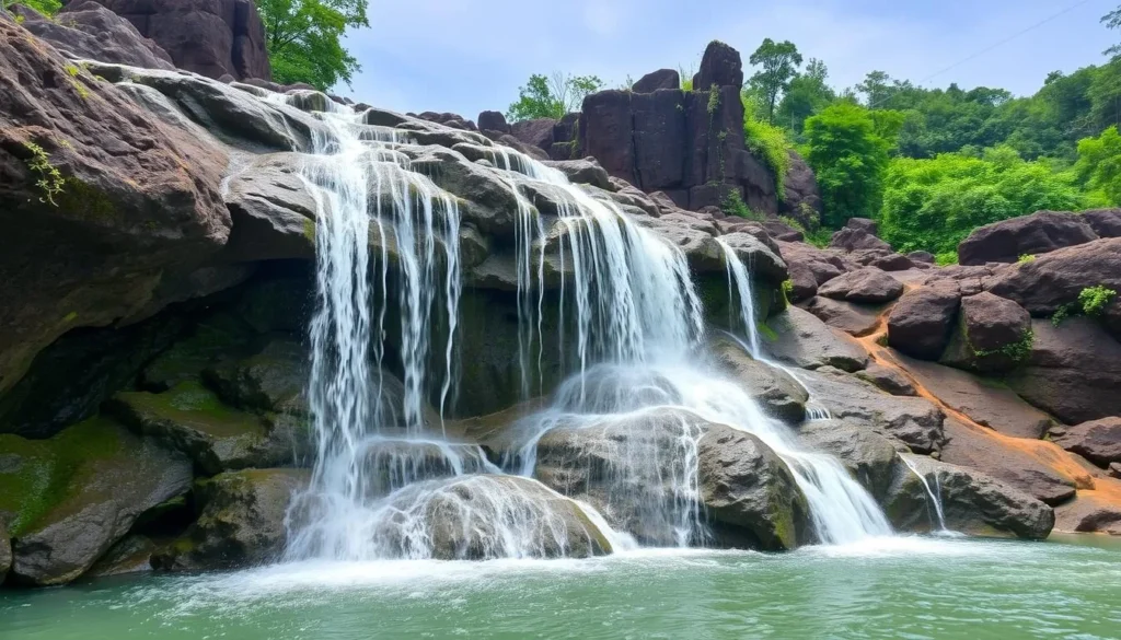 Image of Lily Waterfall in Ampefy, with water cascading over volcanic rock formations