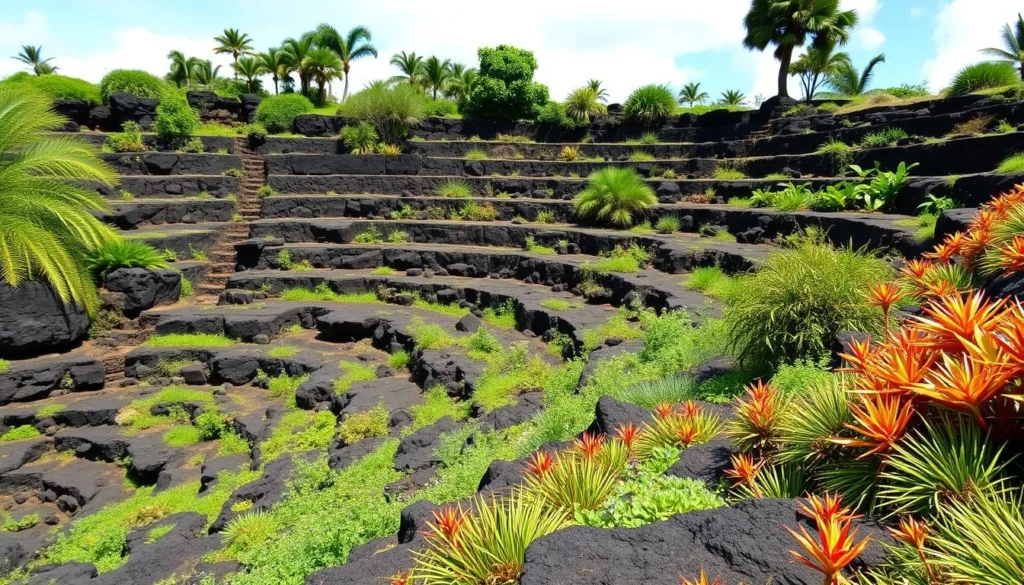 Image of Limahuli Garden with its ancient lava rock terraces and native plants
