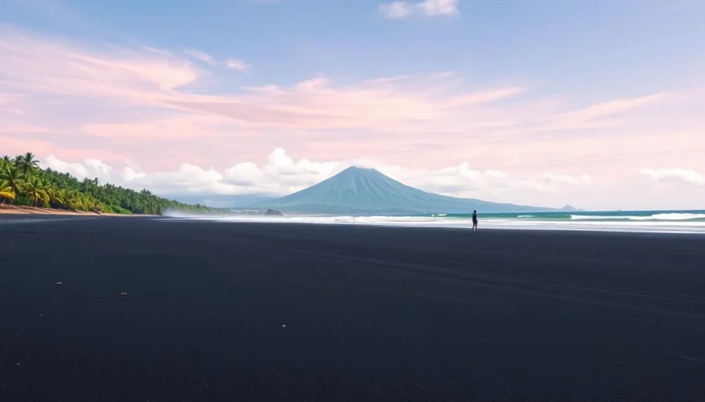 Image of Limbe's black sand beach with Mount Cameroon in the background