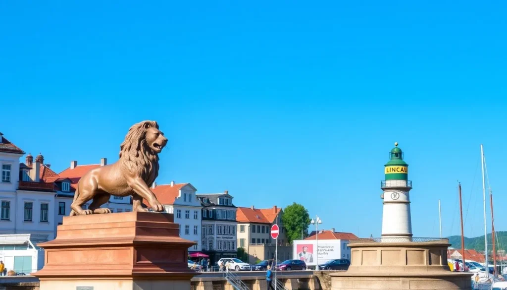 Image of Lindau's historic harbor with the lighthouse and lion statue
