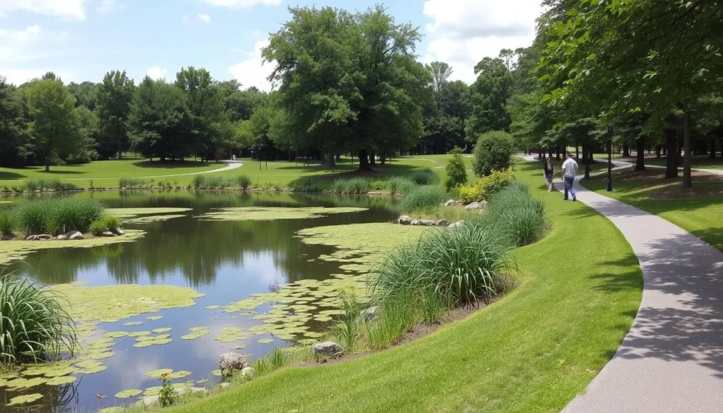 Image of Livingston Park Manchester NH with a serene pond and walking trails