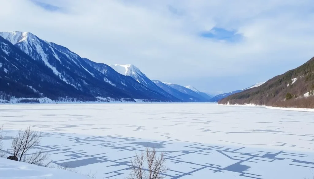 Image of Long Valley Reservoir during winter with snow-covered mountains and a frozen reservoir