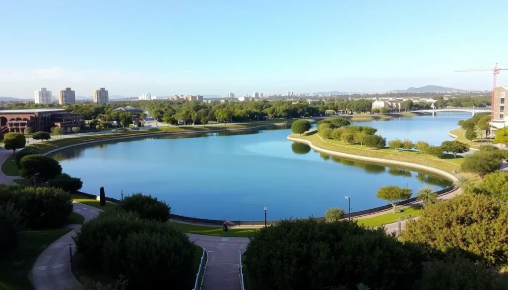 Image of Los Lagos with walking paths and surrounding cityscape