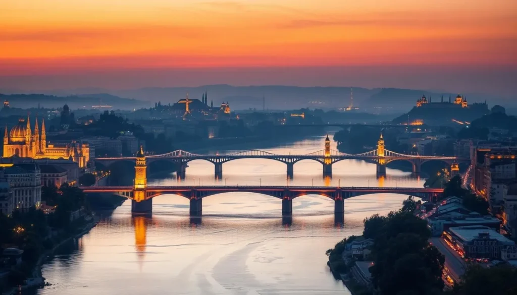 Image of Love River at sunset with illuminated bridges