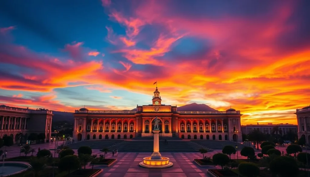Image of Macroplaza Monterrey at sunset with the Faro del Comercio in the background