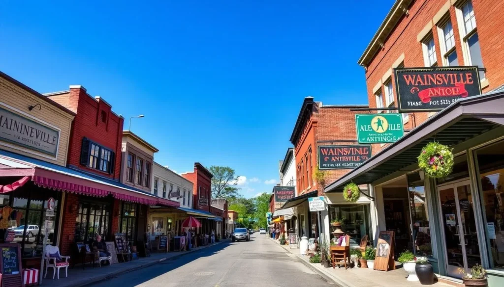Image of Main Street, Waynesville, Ohio, with various antique shops