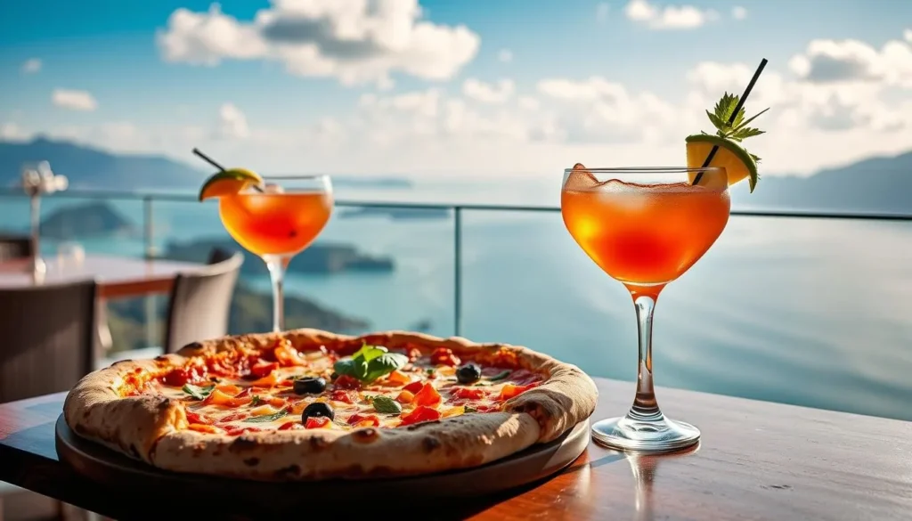 Image of Mako restaurant's pizza and cocktails with a scenic view
